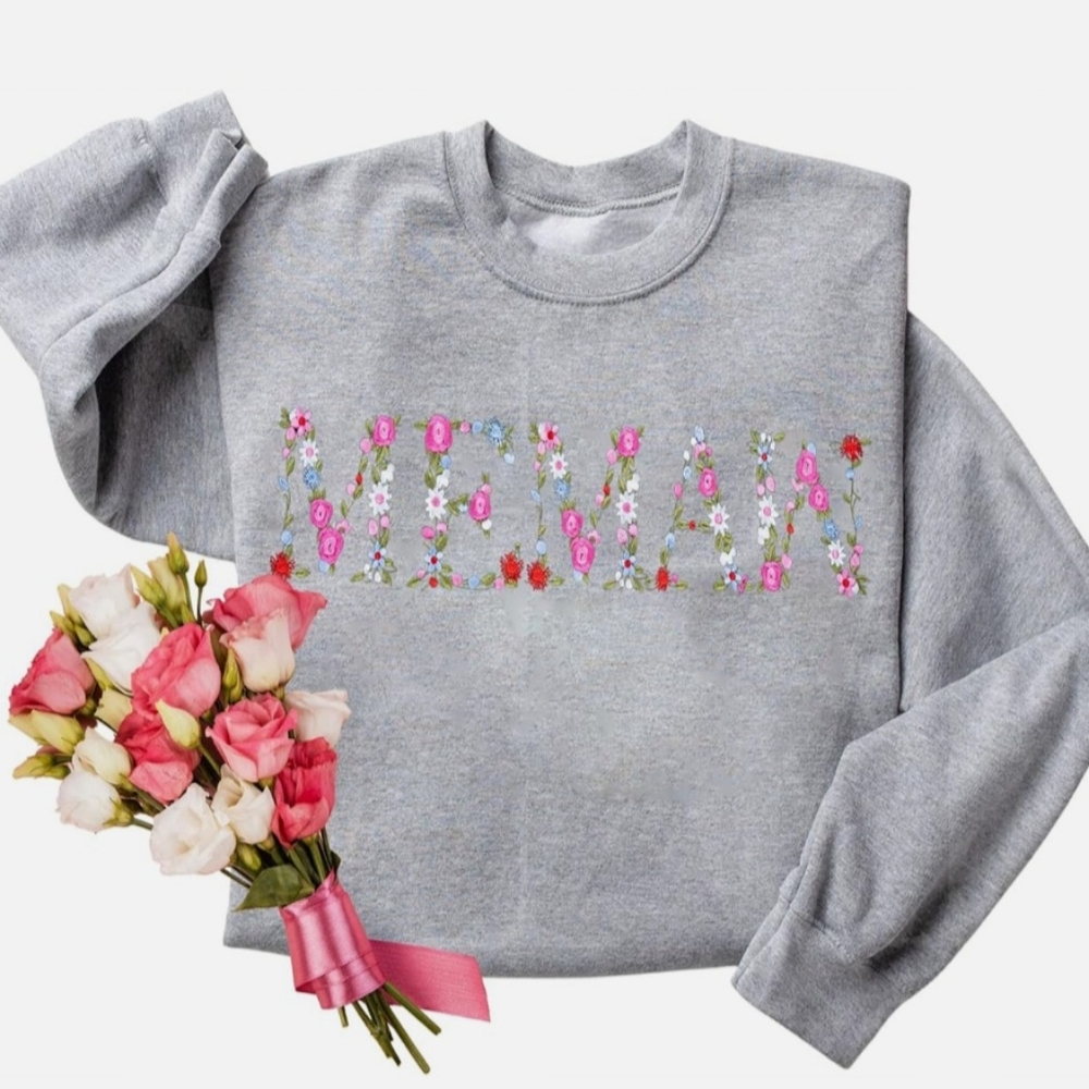 Gray Floral Embroidered Memaw Women's Sweater